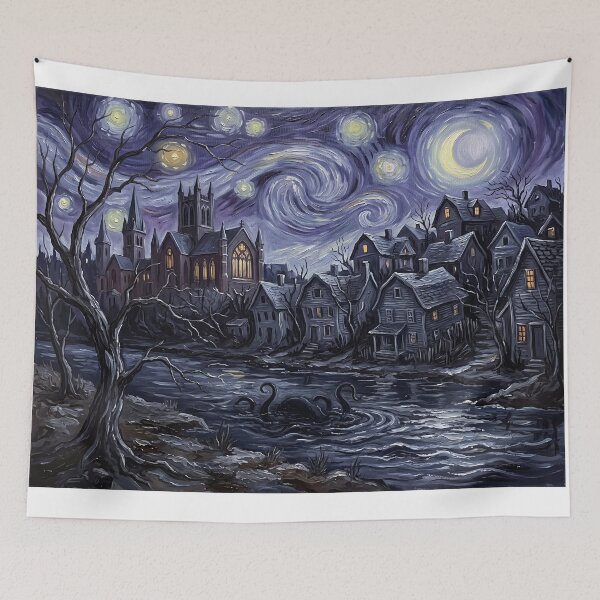 Item preview, Arkham Massachusetts Starry Night Lovecraft Landscape designed and sold by Bad-Decisions-Designs.