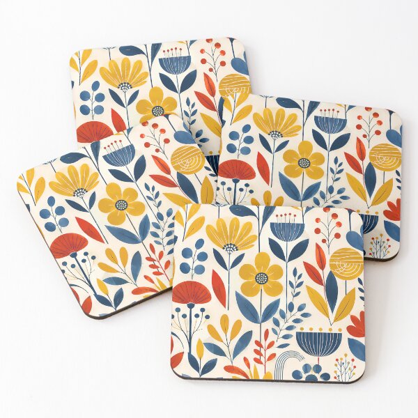 Item preview, Mid-Century Botanical Harmony – Retro Floral Pattern in Yellow, Blue & Red designed and sold by infinitearte.