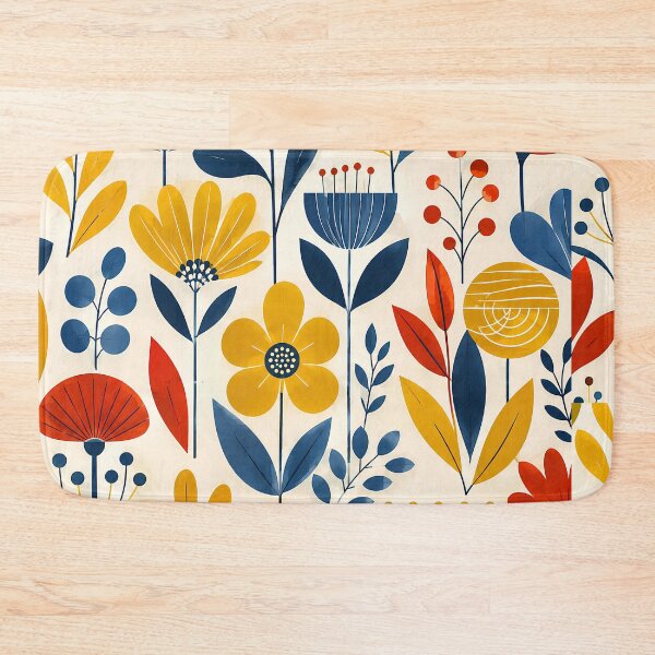 Item preview, Mid-Century Botanical Harmony – Retro Floral Pattern in Yellow, Blue & Red designed and sold by infinitearte.
