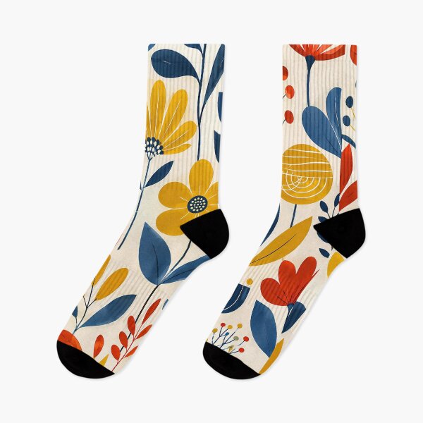 Item preview, Mid-Century Botanical Harmony – Retro Floral Pattern in Yellow, Blue & Red designed and sold by infinitearte.