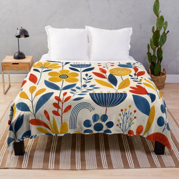 Item preview, Mid-Century Botanical Harmony – Retro Floral Pattern in Yellow, Blue & Red designed and sold by infinitearte.