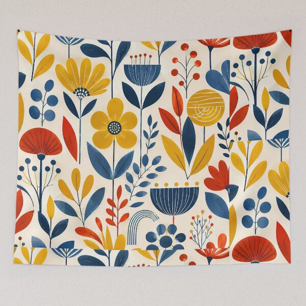 Item preview, Mid-Century Botanical Harmony – Retro Floral Pattern in Yellow, Blue & Red designed and sold by infinitearte.