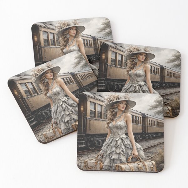 Item preview, Elegant Vintage Traveler Woman by Train – Victorian Fashion Travel Art Print designed and sold by Kaleidoscope Print.