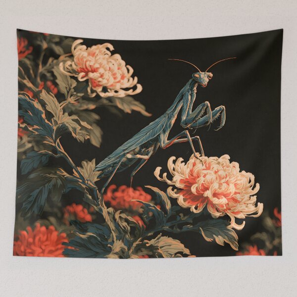 Item preview, Japanese Praying Mantis Chrysanthemum Ukiyoe Botanical Art designed and sold by GrinGalore.