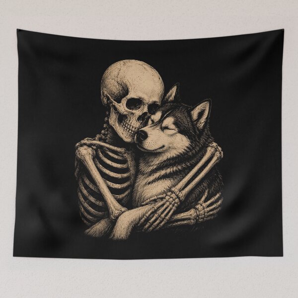 Item preview, Skeleton Hugging a Happy Husky Illustration Halloween designed and sold by rafaeltto.