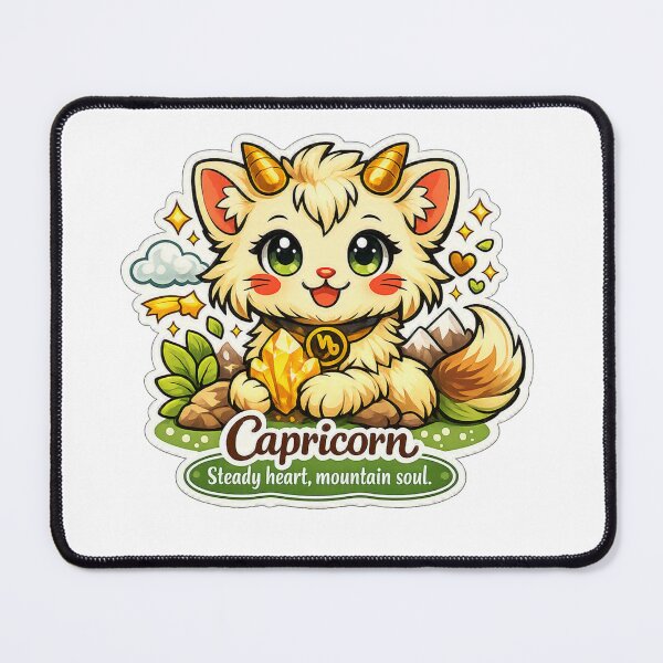 Item preview, Capricorn Kawaii Cat – Golden Crystal image with steady heart mountain soul quote designed and sold by wallartofmio.