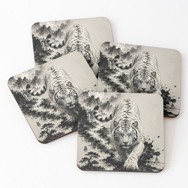 Item preview, White Tiger in Mountains and Rivers – Chinese Ink Art designed and sold by ManJiangHong.