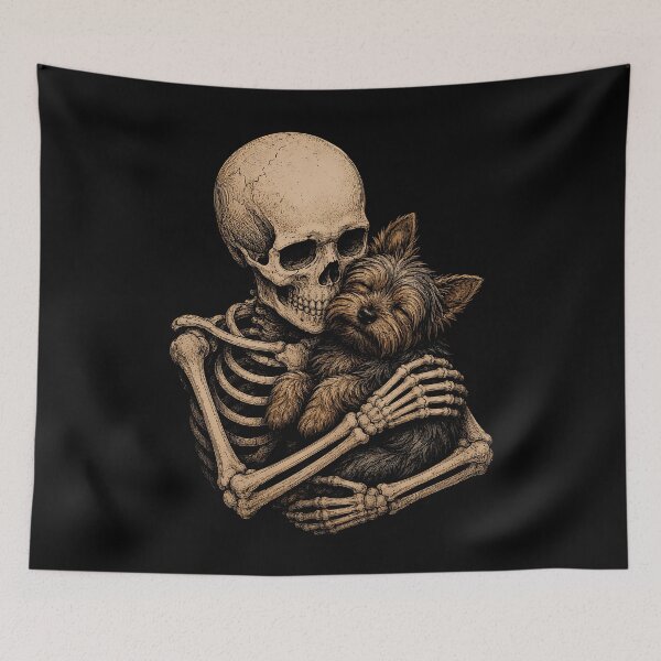 Item preview, Skeleton cuddling a cute australian terrier illustration halloween designed and sold by rafaeltto.