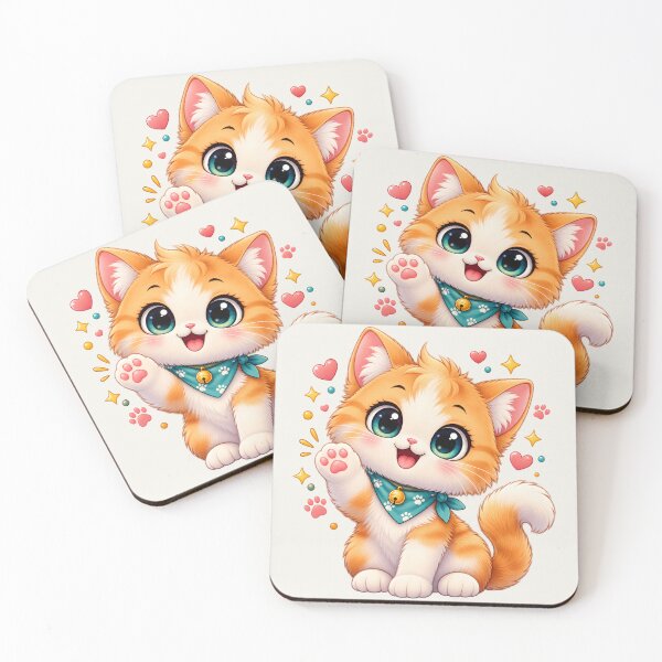Item preview, Cute Waving Ginger Kitten with Teal Bandana Kawaii Cat designed and sold by MCV-Designs.