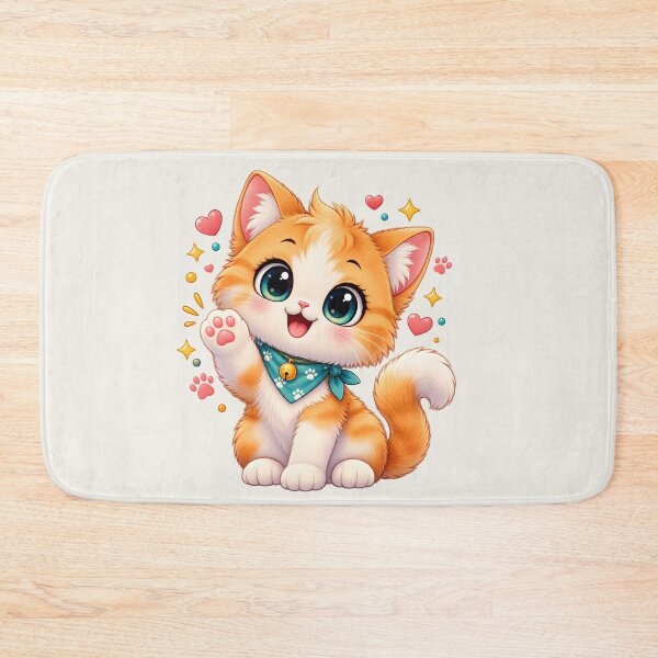 Item preview, Cute Waving Ginger Kitten with Teal Bandana Kawaii Cat designed and sold by MCV-Designs.