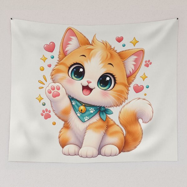 Item preview, Cute Waving Ginger Kitten with Teal Bandana Kawaii Cat designed and sold by MCV-Designs.