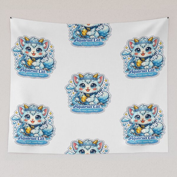 Item preview, Aquarius Kawaii Cat sticker with blue colours and quote  designed and sold by wallartofmio.
