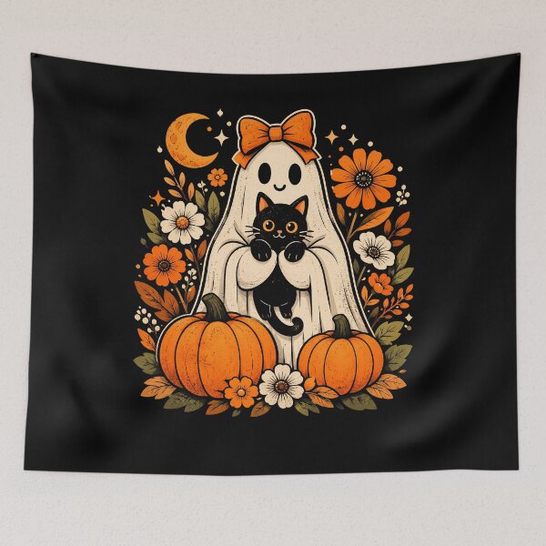 Item preview, Adorable ghost with black cat and pumpkins halloween designed and sold by rafaeltto.