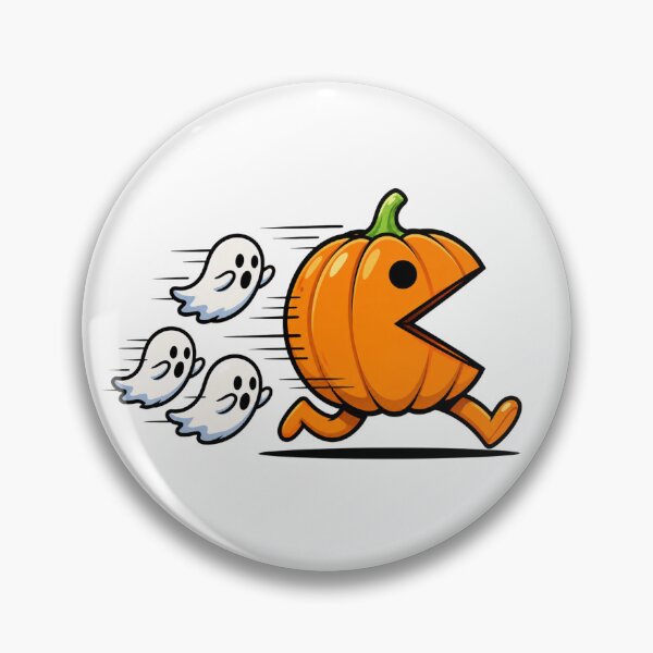 Item preview, HALLOWEEN PUMPKIN ON THE RUN AND GHOST A cartoon pumpkin styled like P-Man is running to the right while three small white ghosts chase it from behind. designed and sold by CHRIS CRAY.