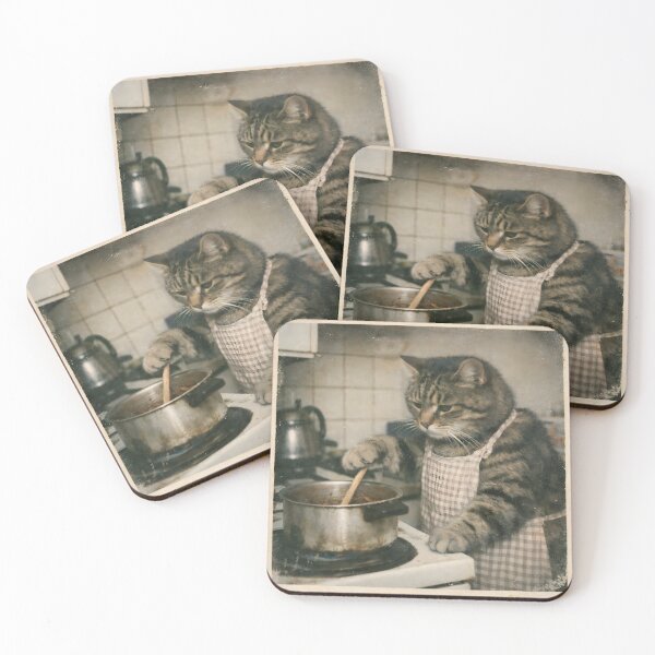 Item preview, Chef Cat Cooking Pasta Sauce Wall Art | Whimsical Feline Chef in a Cozy Café Kitchen | Retro Photography Aesthetic Vintage Print designed and sold by PaintedPixels01.