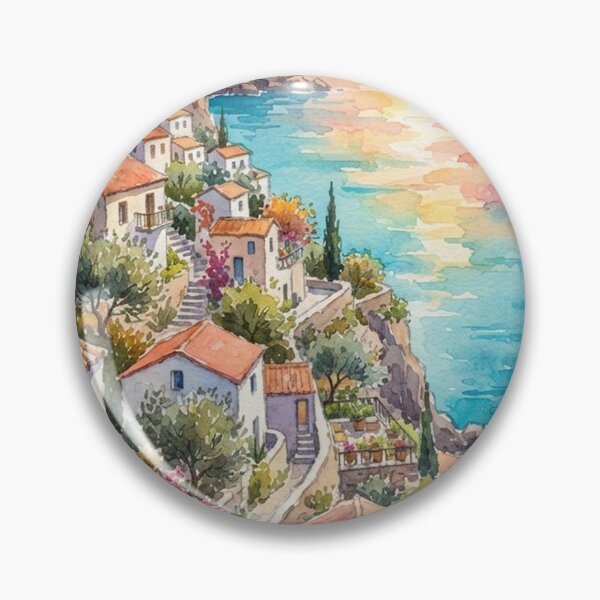 Item preview, Mediterranean Sunset Watercolor Coastal Village Vertical Art Print designed and sold by GrabaHuk.