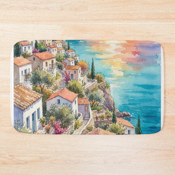 Item preview, Mediterranean Sunset Watercolor Coastal Village Vertical Art Print designed and sold by GrabaHuk.