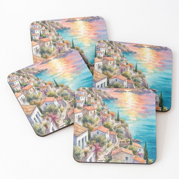 Item preview, Mediterranean Sunset Watercolor Coastal Village Vertical Art Print designed and sold by GrabaHuk.