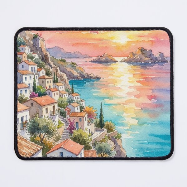 Item preview, Mediterranean Sunset Watercolor Coastal Village Vertical Art Print designed and sold by GrabaHuk.