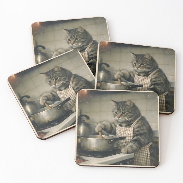 Item preview, Chef Cat Cooking Pasta Sauce Wall Art | Whimsical Feline Chef in a Cozy Café Kitchen | Retro Photography Aesthetic Vintage Print designed and sold by PaintedPixels01.