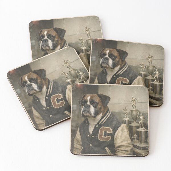 Item preview, Old Bulldog Athlete Wall Art | Proud Vintage Canine Champion Posing with Trophies | Retro Photography Aesthetic Nostalgic Sports Print designed and sold by PaintedPixels01.
