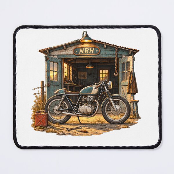 Item preview, Vintage Cafe Racer Motorcycle Shed Garage Art designed and sold by Normandy Road Heritage.