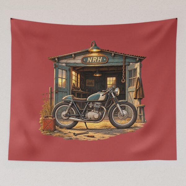 Item preview, Vintage Cafe Racer Motorcycle Shed Garage Art designed and sold by Normandy Road Heritage.