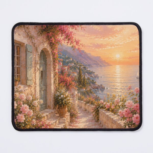 Item preview, Mediterranean Floral Path At Sunset - Dreamy Coastal Village Oil Painting designed and sold by Jozefin's Studio.