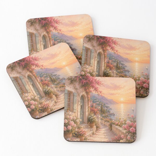 Item preview, Mediterranean Floral Path At Sunset - Dreamy Coastal Village Oil Painting designed and sold by Jozefin's Studio.