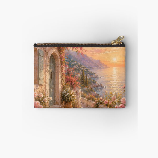 Item preview, Mediterranean Floral Path At Sunset - Dreamy Coastal Village Oil Painting designed and sold by Jozefin's Studio.