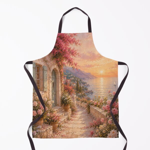 Item preview, Mediterranean Floral Path At Sunset - Dreamy Coastal Village Oil Painting designed and sold by Jozefin's Studio.