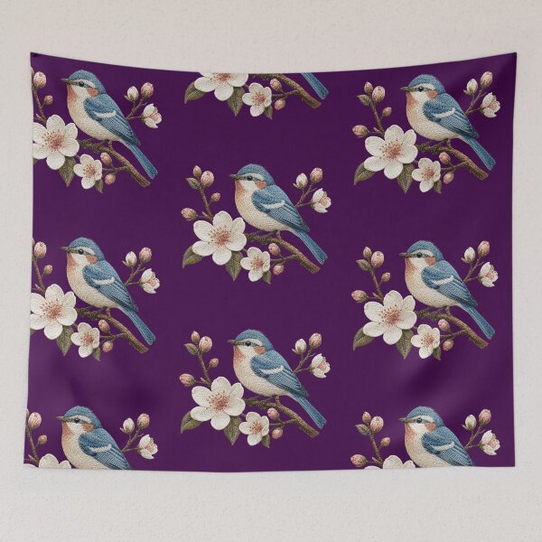Item preview, Embroidered Blue Bird and Cherry Blossom Floral Art designed and sold by Yiruda-Art.