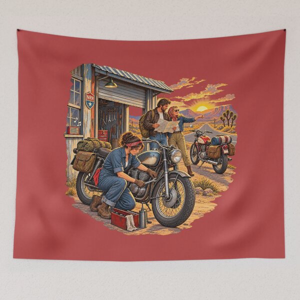 Item preview, Vintage Motorcycle Road Trip Desert Sunset Art designed and sold by Normandy Road Heritage.