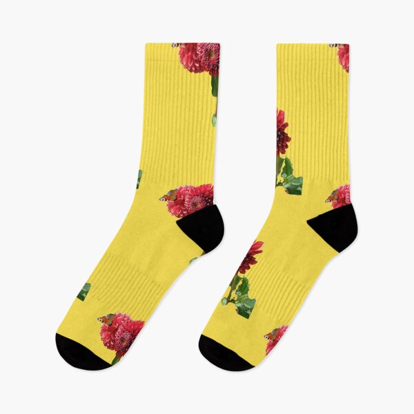 Item preview, Red Dahlia with Red Butterfly For Bringing Love To Oneself and The World Warm Yellow Background designed and sold by BOKEbyTC.