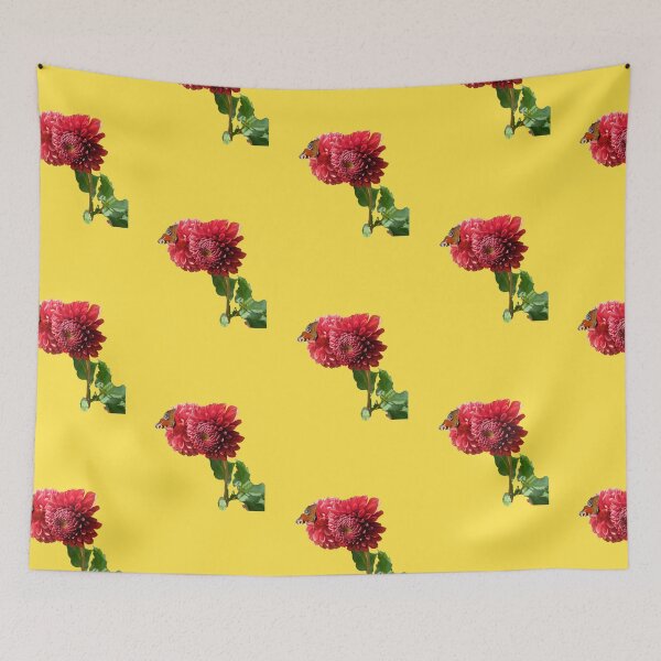 Item preview, Red Dahlia with Red Butterfly For Bringing Love To Oneself and The World Warm Yellow Background designed and sold by BOKEbyTC.