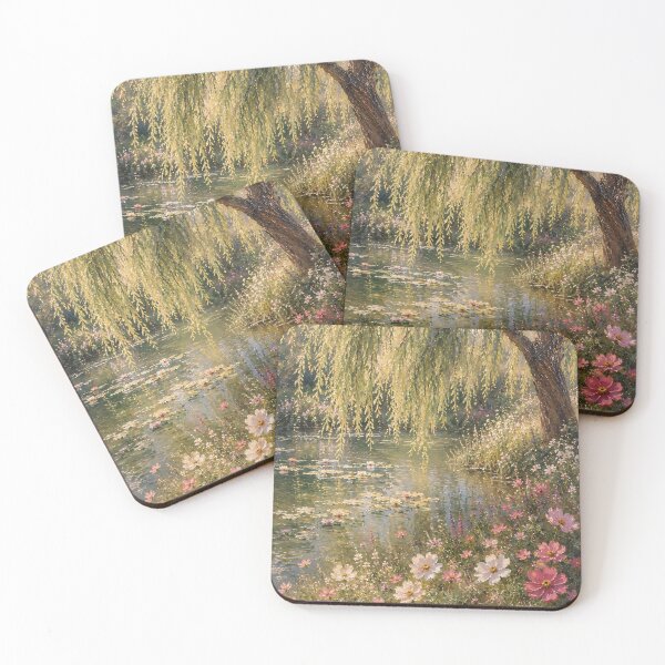 Item preview, Willow Tree Pond With Water Lilies - Cottagecore Wildflower Meadow Painting designed and sold by Jozefin's Studio.