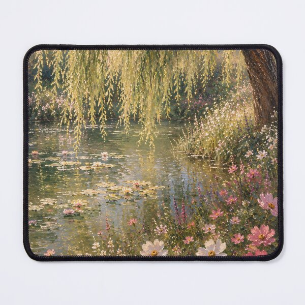 Item preview, Willow Tree Pond With Water Lilies - Cottagecore Wildflower Meadow Painting designed and sold by Jozefin's Studio.