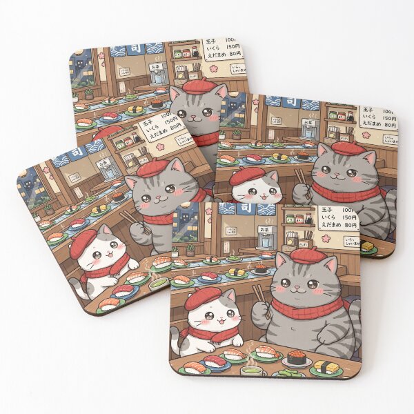 Item preview, Kawaii Cats Eating Sushi Japan - Freda and Junior Conveyor Belt Sushi designed and sold by MAISON SYLVIE.
