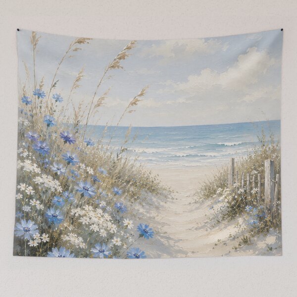Item preview, Sandy Dune Path To The Sea - Blue Cornflowers And Beach Grass Painting designed and sold by Jozefin's Studio.