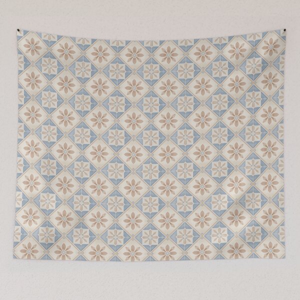 Item preview, Blue Beige Floral Tile Pattern – Vintage Mediterranean Geometric Ceramic Design designed and sold by HappyOops.