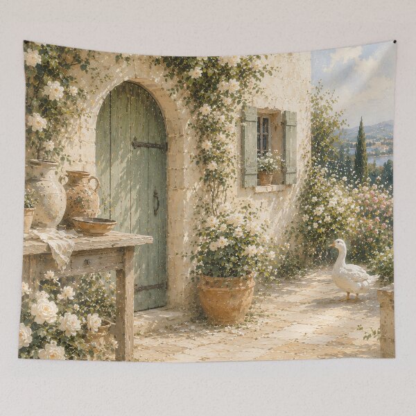 Item preview, White Rose Cottage Door - French Country Stone House With Duck designed and sold by Jozefin's Studio.