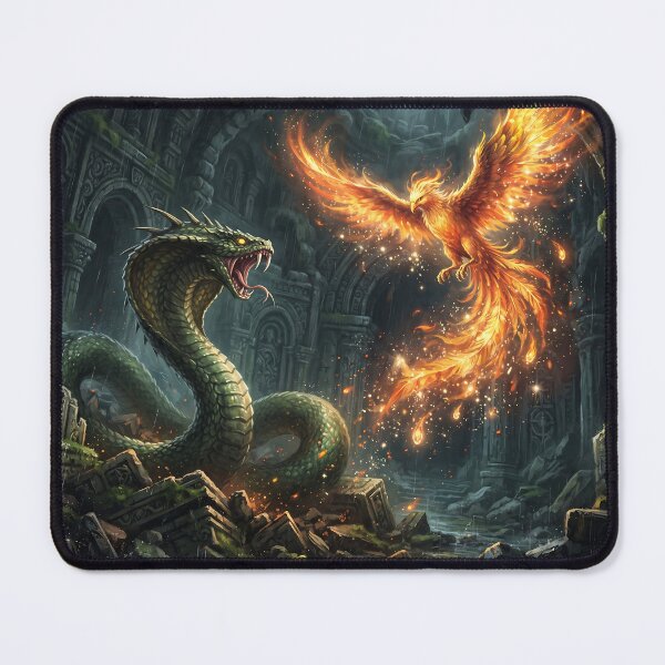 Item preview, Fiery Phoenix vs Giant Basilisk Serpent - Epic Fantasy Battle Art designed and sold by KreonaTime.