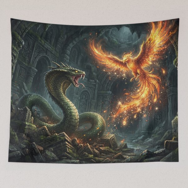 Item preview, Fiery Phoenix vs Giant Basilisk Serpent - Epic Fantasy Battle Art designed and sold by KreonaTime.