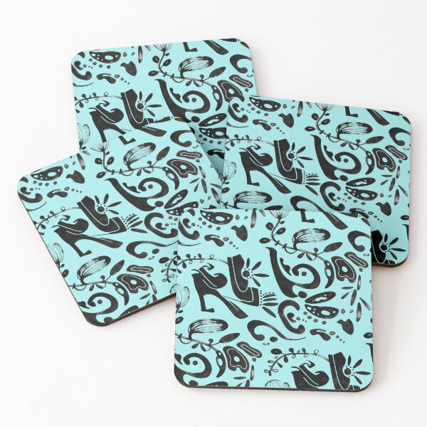 Item preview, Bright Aqua Blue Whimsical Black Ink Folk Floral Pattern designed and sold by wissal.studio.