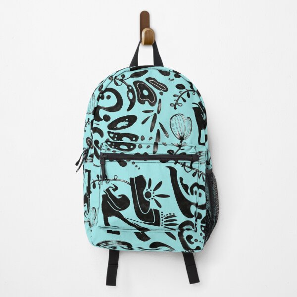 Item preview, Bright Aqua Blue Whimsical Black Ink Folk Floral Pattern designed and sold by wissal.studio.