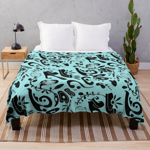 Item preview, Bright Aqua Blue Whimsical Black Ink Folk Floral Pattern designed and sold by wissal.studio.