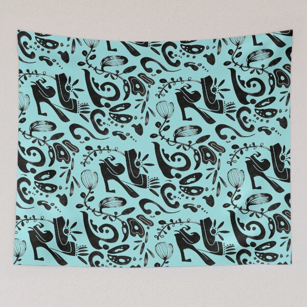 Item preview, Bright Aqua Blue Whimsical Black Ink Folk Floral Pattern designed and sold by wissal.studio.