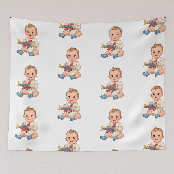 Item preview, Cute Baby Holding Airplane Toy | Retro Nursery Aviation Art designed and sold by KaleeDesigns.
