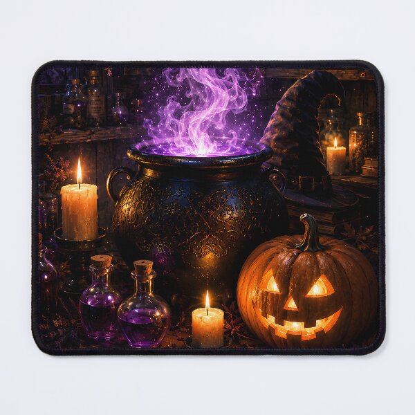 Item preview, Magical Halloween Cauldron with Glowing Purple Potion and Jack-o'-Lantern designed and sold by Dreamy Armine Art.