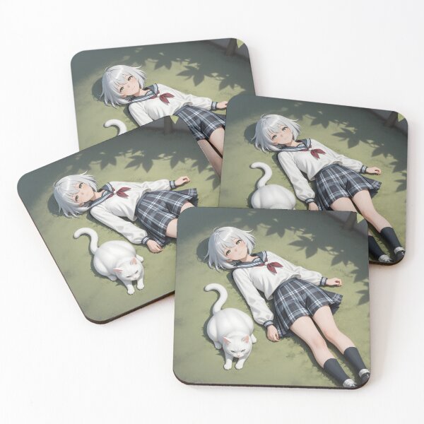 Item preview, White Hair Anime Girl with Cat Peaceful School Garden Aesthetic designed and sold by Killington.